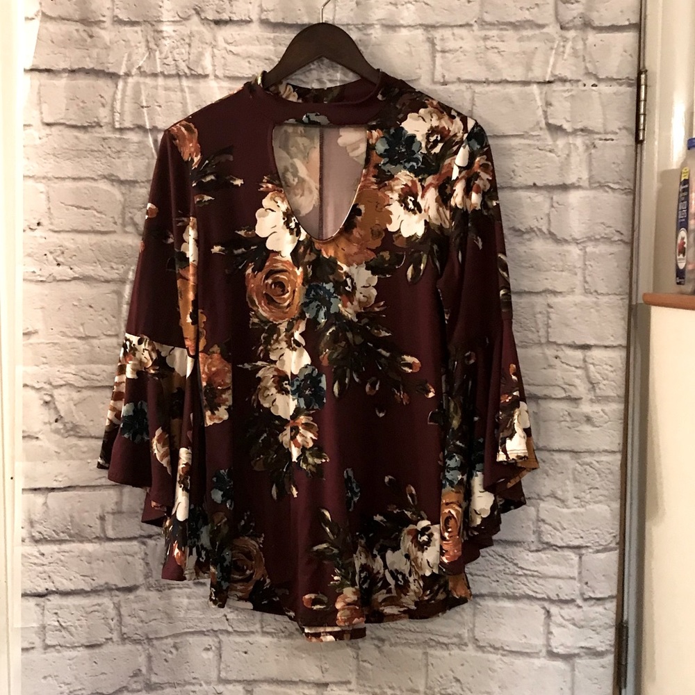 Sweet Pea Floral Open Neck Blouse w/ Long Bell Sleeves